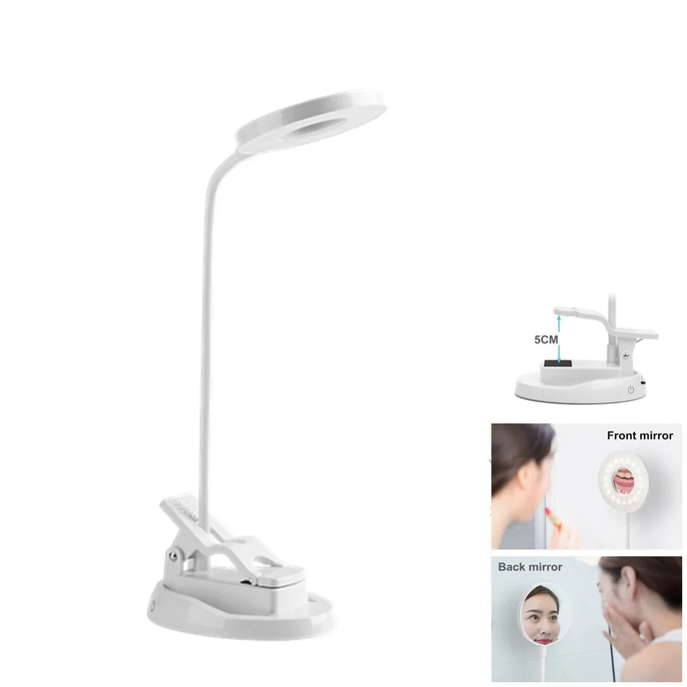 Tanie Lampa stołowa led stół składany klip lampka nocna regulowana jasność makijaż światło okrągłe z lustrem lampa biurkowa