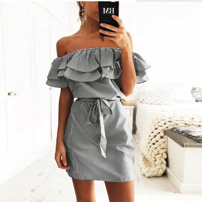 

Women Dresses Striped Summer Dress Ruffle Collar Off Shoulder Bandage Sundress Casual Sexy Bodycon Mini Dress Vestido ropa mujer
