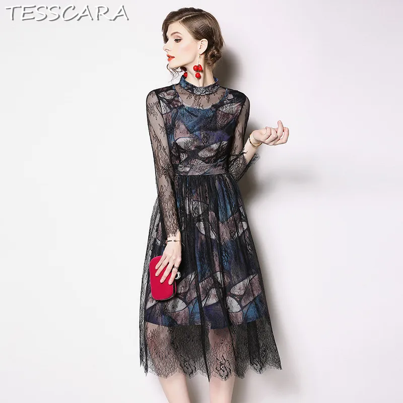 

TESSCARA Women Summer Elegant Lace Dress Festa Female High Quality Vintage Print Designer Vestidos Office Party Mesh Robe Femme