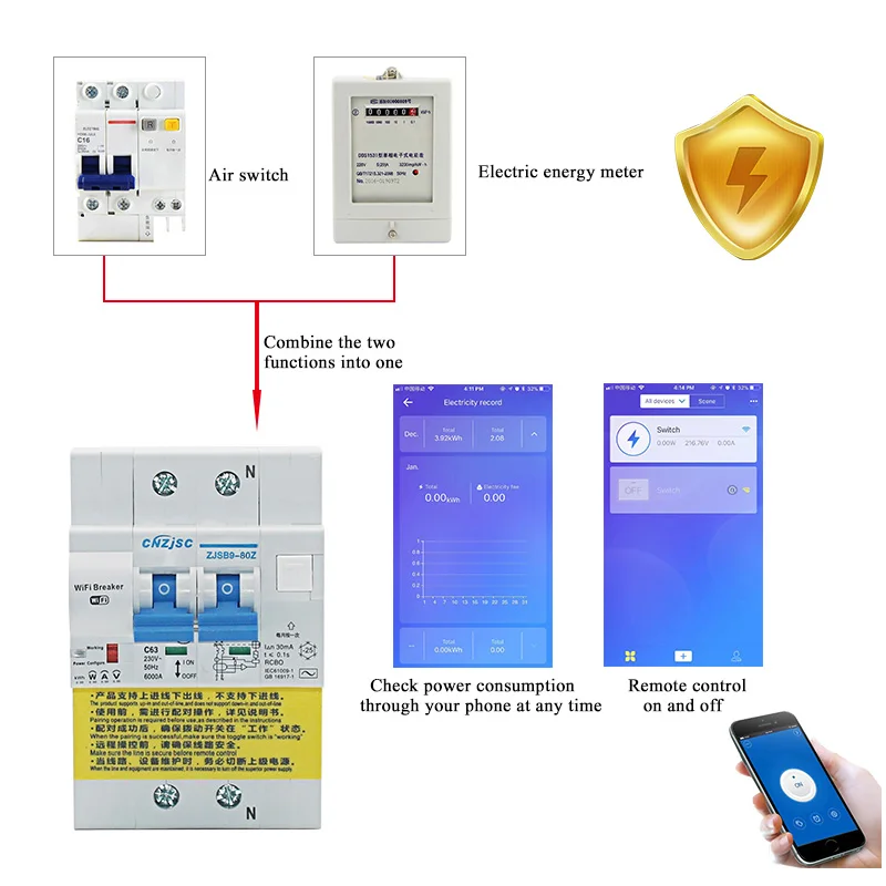 2pcs wifi смарт RCBO прерыватель цепи при утечке на землю с контролем энергии совместим с Amazon Alexa, Google для умного дома