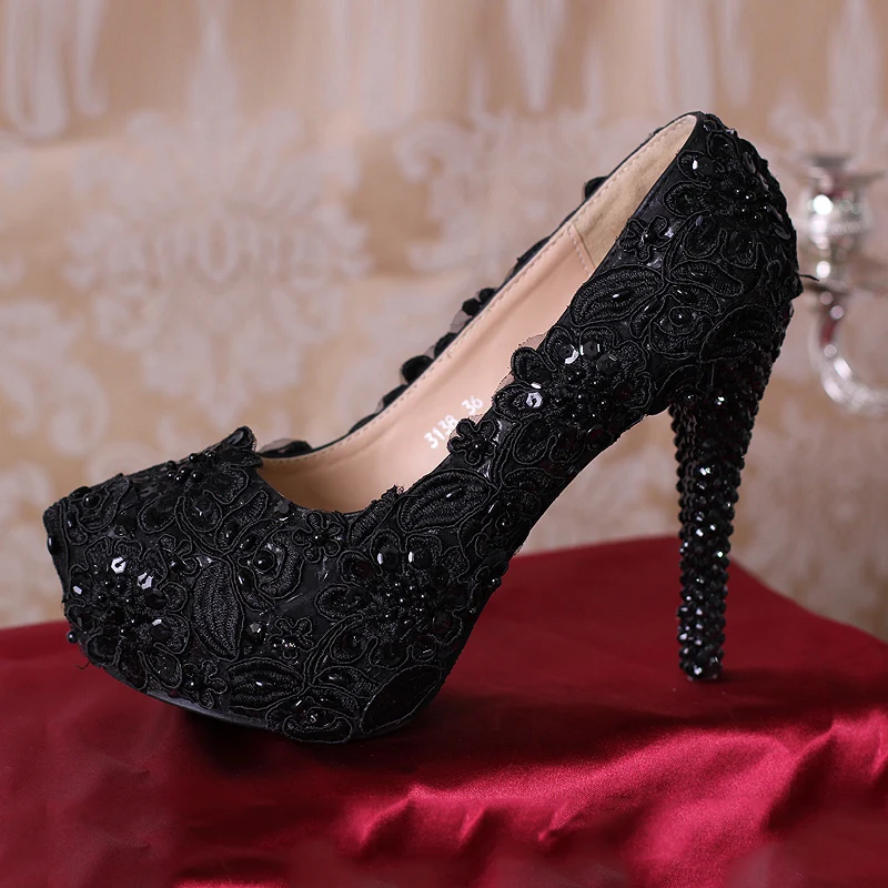 2015 New Lace pearls black lace dress shoes Pumps with platform round