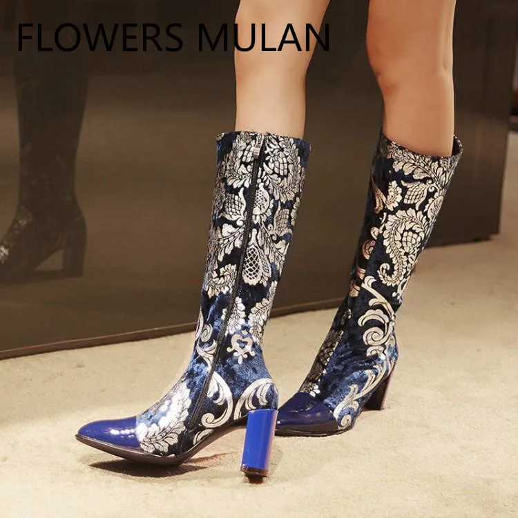 

Luxury Blue Red Velvet Printing Gold Flowers Winter Boots Women Knee High Chic Pointed Toe Zipper Ladies Booties Square Heel