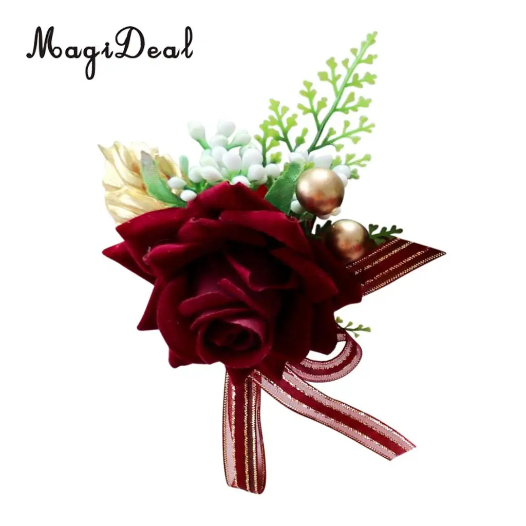 Romantic Artificial Rose Flower Pearls Wedding Corsage Boutonniere for Bridal Groom Fancy Dress