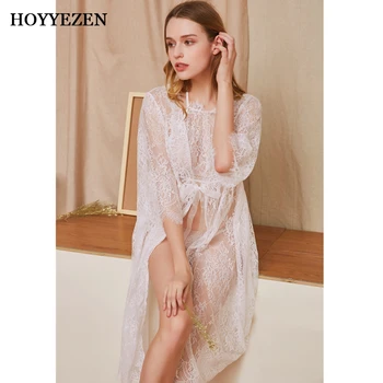

Hoyyezen woman sexy new French romantic fairy wind lace pajamas thin section court robe three-piece nightdress set
