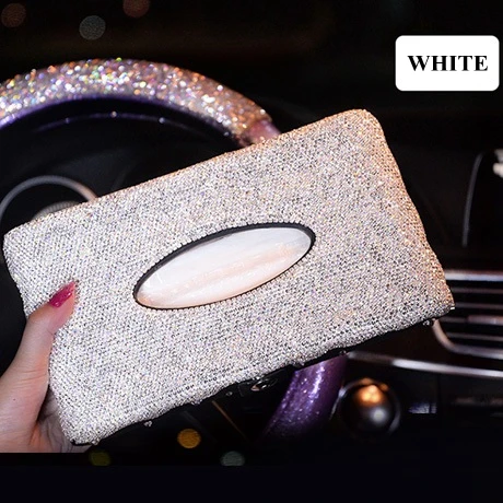 LUNASBORE роскошный хрустальный тканевый бокс с кристаллами, солнцезащитный козырек, кожаная Автомобильная тканевая сумка, подвесной держатель, чехол, Подарочный аксессуар для автомобиля - Название цвета: Белый