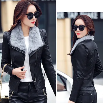 

Artificial Leather Jacket Warm Fur Collar Soft Women Bomber gothic manteau femme hiver campera chaqueta cuero mujer