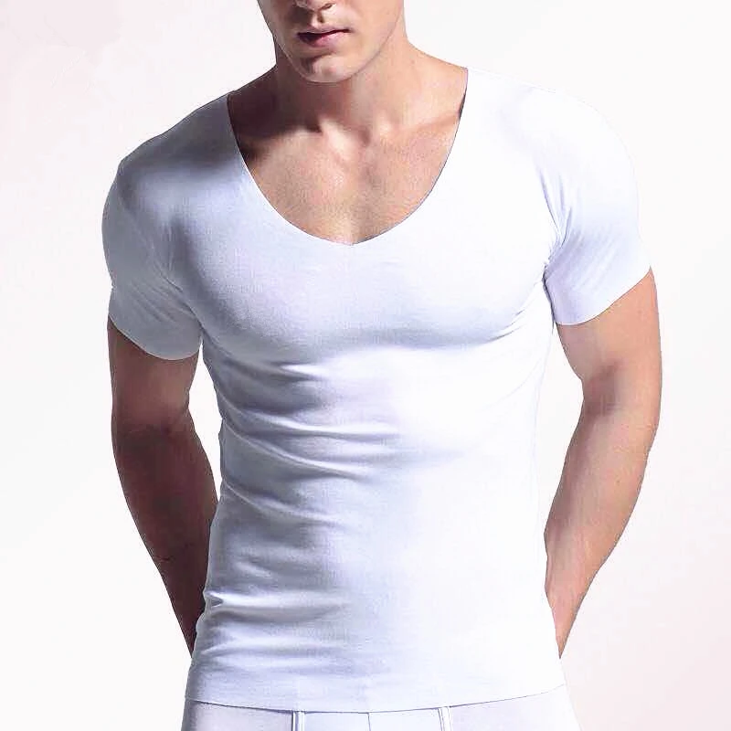 

Men's Pure Color Short Sleeved T-Shirt Traceless Self-Cultivation V Collar Solid Color Summer T Shirts
