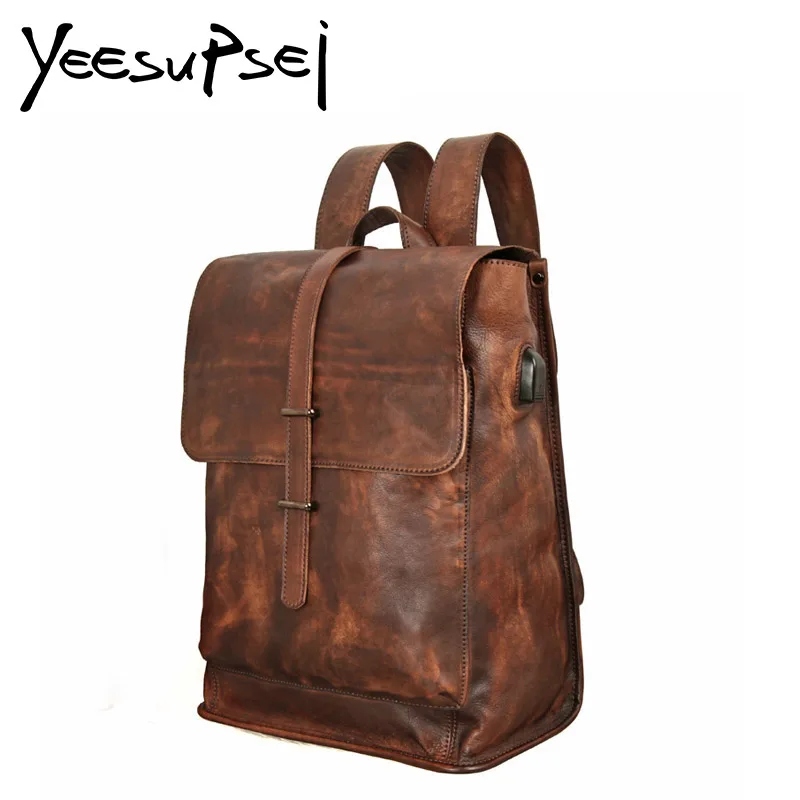 YeeSupSei Male Functional Bag Fashion Men Backpack Vintage Crazy Horse Leather Backpack Big Capacity Men Usb Extend Charging Bag