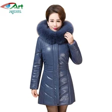 JQNZHNL женские плотные пуховые хлопковые кожаные пальто Плюс Размер 6XL новые зимние пальто Большие меховые с капюшоном Тонкие Кожаные Куртки из искусственной кожи E688