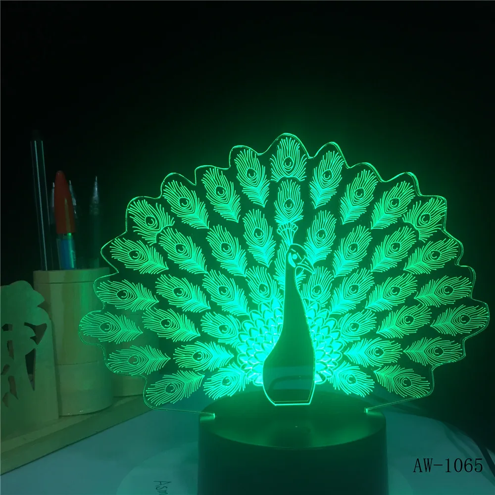 3D Иллюзия Павлин светодиодный Ночные огни романтическую атмосферу 3D ночника 7 цветов изменить светодиодный сенсорный подсветка кнопок