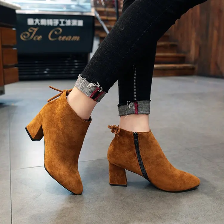 

Women's Autumn Winter Thick Martin Boots High-heeled Suede Boots Shoes Lady Zip Nubuck Ankle Pointed Toe Boots 34-45 Big Size