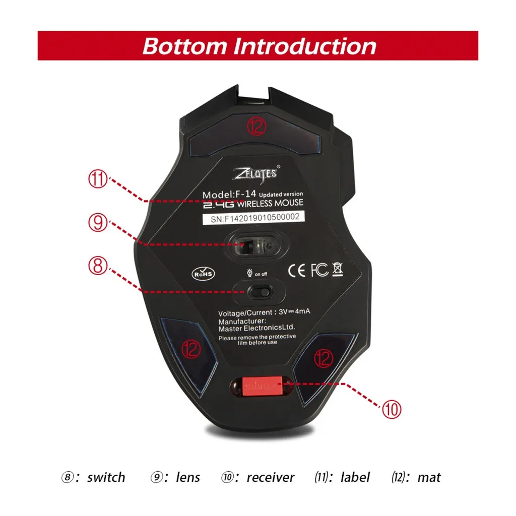 VOBERRY Zelotes 2,4G зарядка игровая мышь USB приемник 30 м беспроводное соединение 4000 точек/дюйм точное расположение