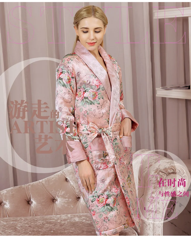 YIER бренд осень женский шелковый халат с длинным рукавом кимоно пижамы Шелковый женский халат утолщенный шелковый халат
