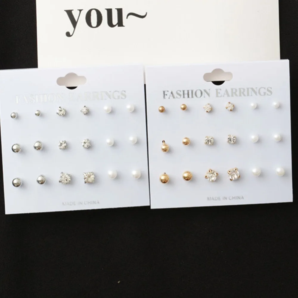 

9Pairs/set New Simple Ball Big Small Simulated Pearl Crystal Flower Heart Stud Earrings Set Women Girl Fashion Jewelry#277326
