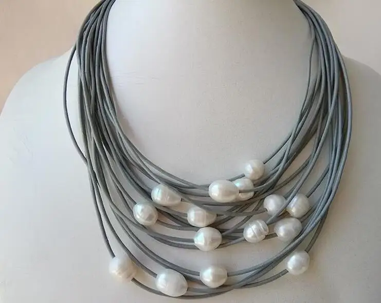 

15 rows gray leather white cultured freshwater pearl necklace 17-20"