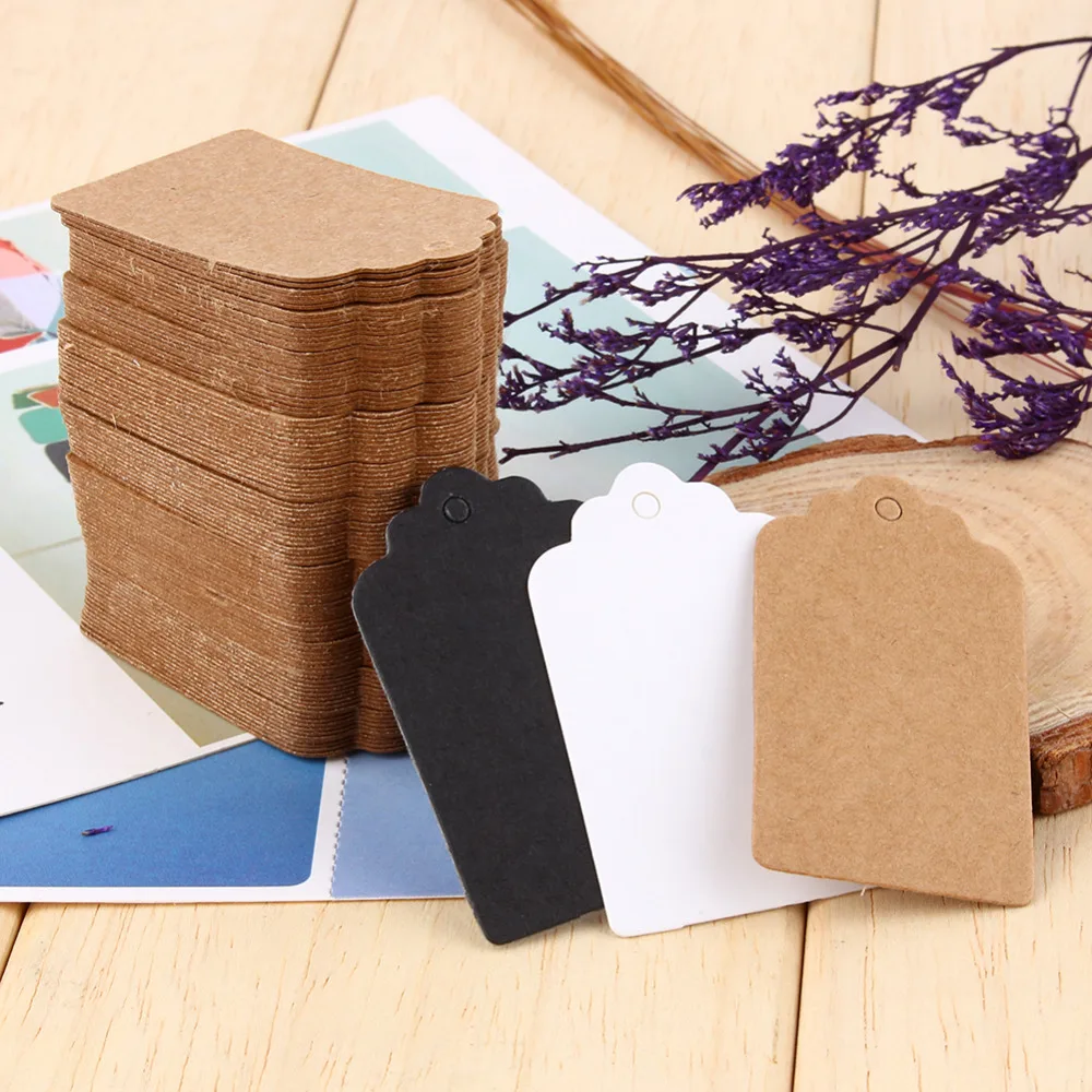 

Wholesale 100pcs 5x3cm Kraft Paper Hang Tags Wedding Party Favor Label Gift Cards White/Brown/Black Optional