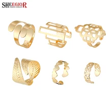 SHEEGIOR панк Золотое любовное сердце большие кольца для женщин мужчин модные милые Полые геометрические листья цветок 6 шт. открытые кольца комплект ювелирных украшений подарки