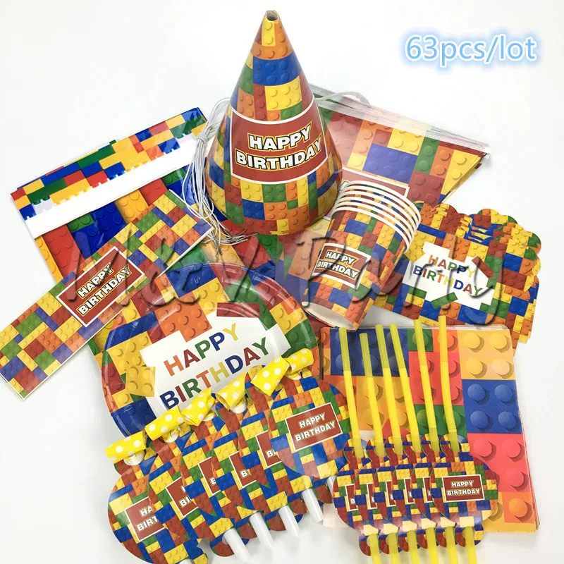 63pcs/lot Color Building Blocks Theme Party Happy Birthday Disposable Tableware Set Baby Shower Party Decoration Supplies