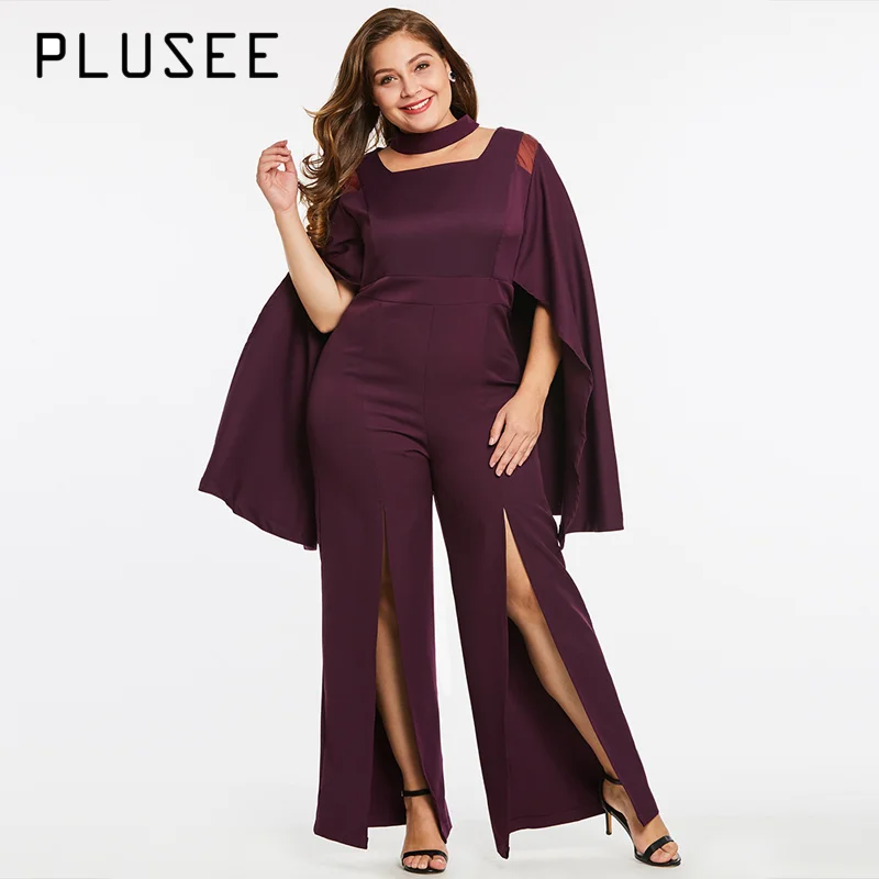 

Plusee Fashion Cloak Sleeve Split Jumpsuits Hollow Out Stand Collar Maxi Jumpsuit Autumn Women Workwear Purple Big Size