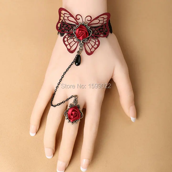 

Fashion Retro Red Hollow Butterfly Black Lace Bracelet for Women Fairy Maiden Cosplay Party Ancient Bangles Photo Shoot Props