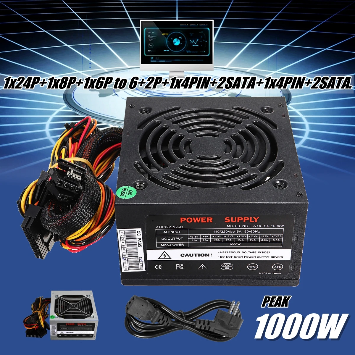 Черный Блок питания 1000 Вт PSU PFC бесшумный вентилятор ATX 24 контакта 12 В блок для ПК