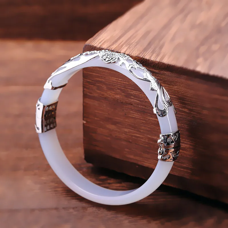 Silver Handmade Natural White Jade Bangles