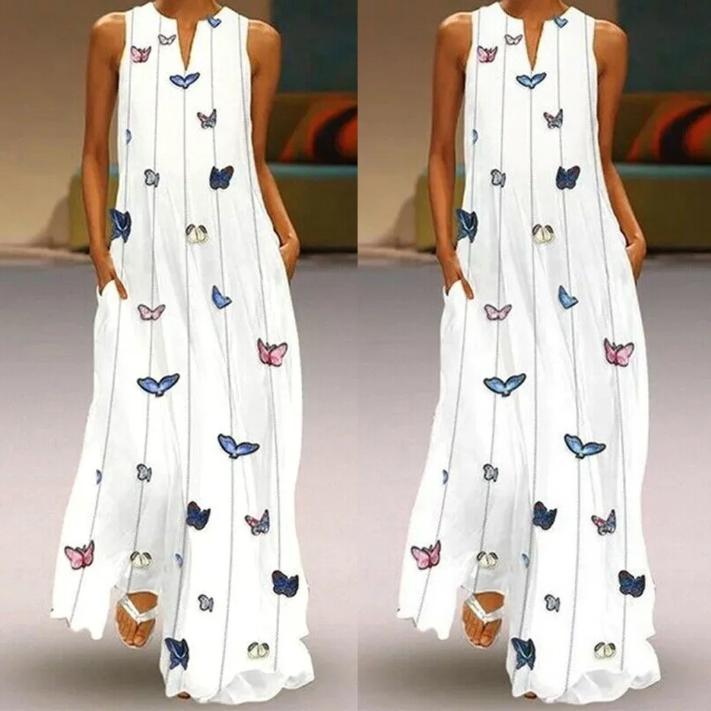 

Women Casual plus size loose Dress Striped Butterfly Print V-neck Sleeveless Long Maxi Swing Dress Vintage Daily Summer Dress