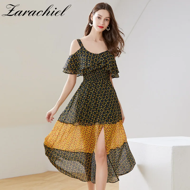 

Sleeveless V-Neck Spaghetti Strap Beach Flower Print Ruffle Long Dress Women 2019 Summer Elastic Waist Flying Sleeve Sundress