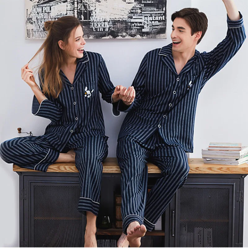 

Striped Women's Pajamas Set Lovers Turn Down Collar Button Long Sleeve Autumn Winter Men Women Pajama Sets Couple Home Clothes