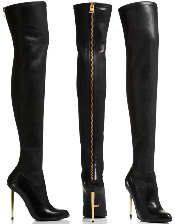 Stretch  Fashion Leather Metal Stiletto Over-The-Knee Boot high heel sexy gold zipper long boots thigh high winter boots