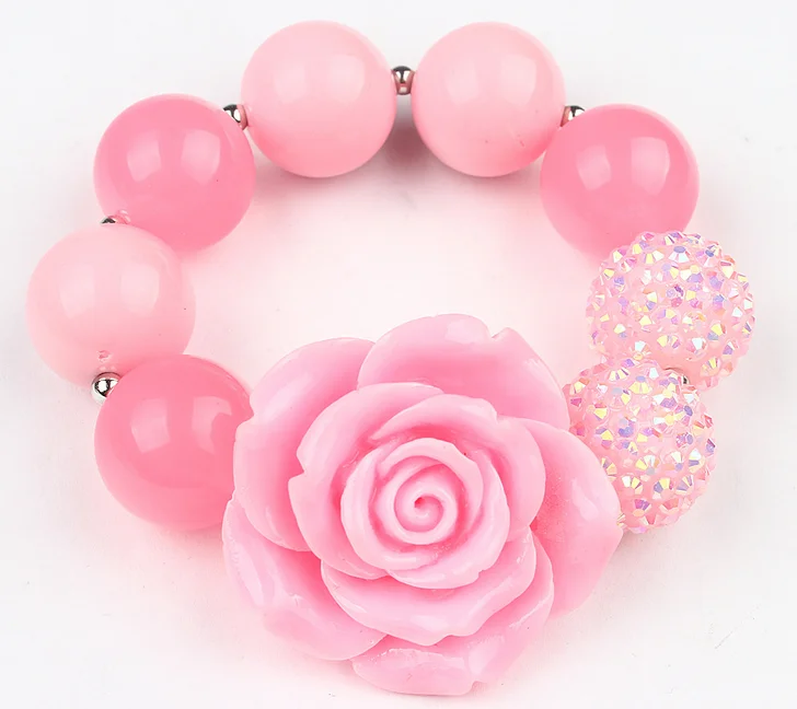 

New Arrival Girls Lovely Pink Resin Rose Flower Chunky Strand Stretch Bracelets Bangle Princess Kids Bubblegum Dress Up Jewelry