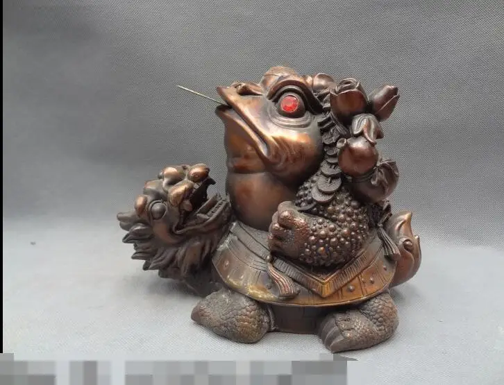 

S5201 11" Chinese Bronze FengShui Gourd Coin Hoptoad Toad Ride Dragon Turtle Statue