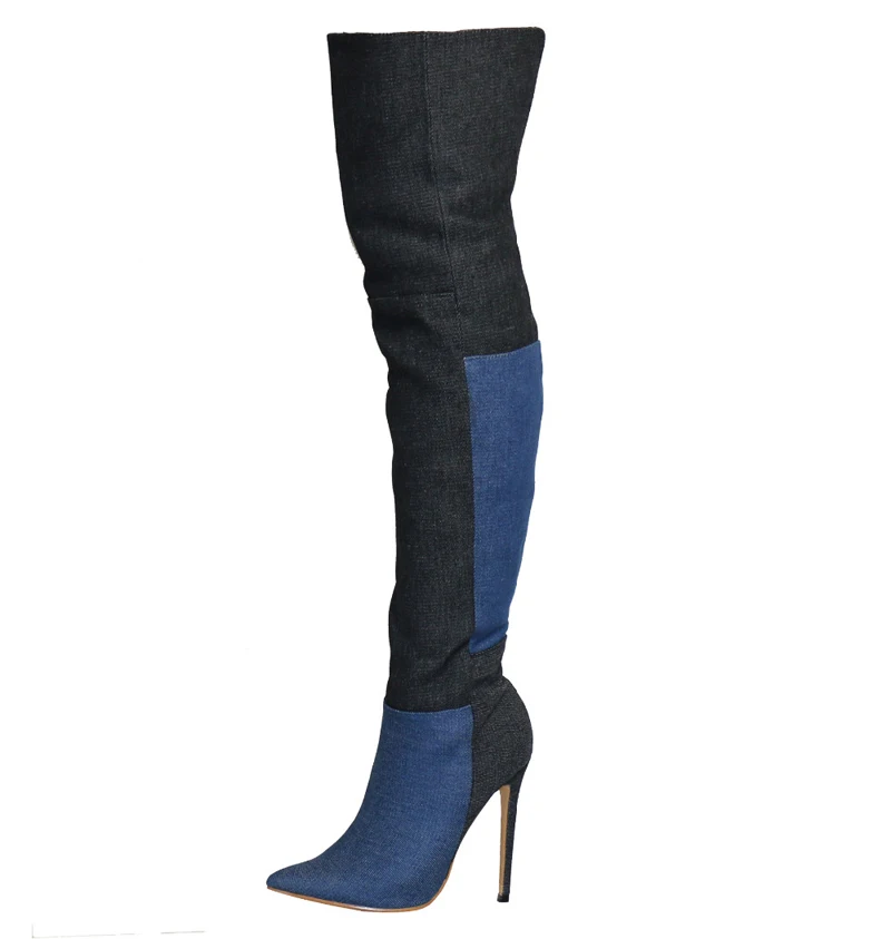 

Women Fashion Pointed Toe Suede Leather Grid Patchwork Color Over Knee Boots Blue Mix-color Long High Heel Boots