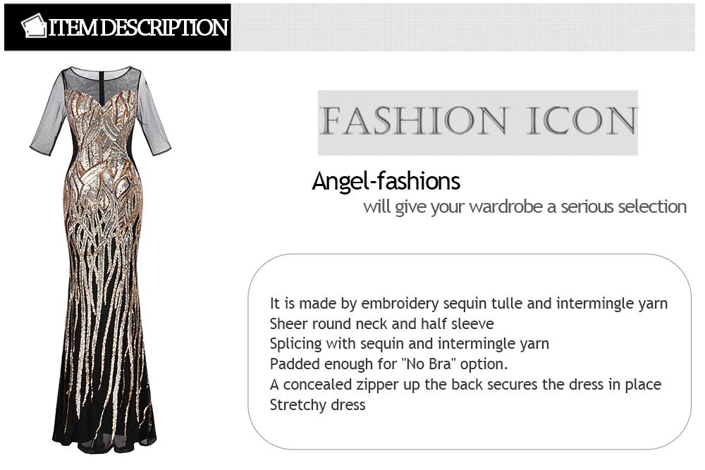 Angel-Fashion женские платья с рукавом до локтя для матери невесты, винтажные вечерние платья с золотыми блестками 393