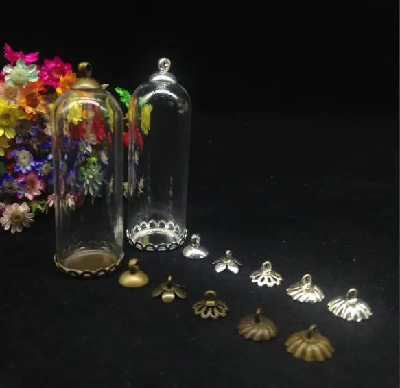 

100pcs 50*18mm wholesale bell tube glass vial necklace pendant with lace tray base cap glass cover dome bottle jars accessories