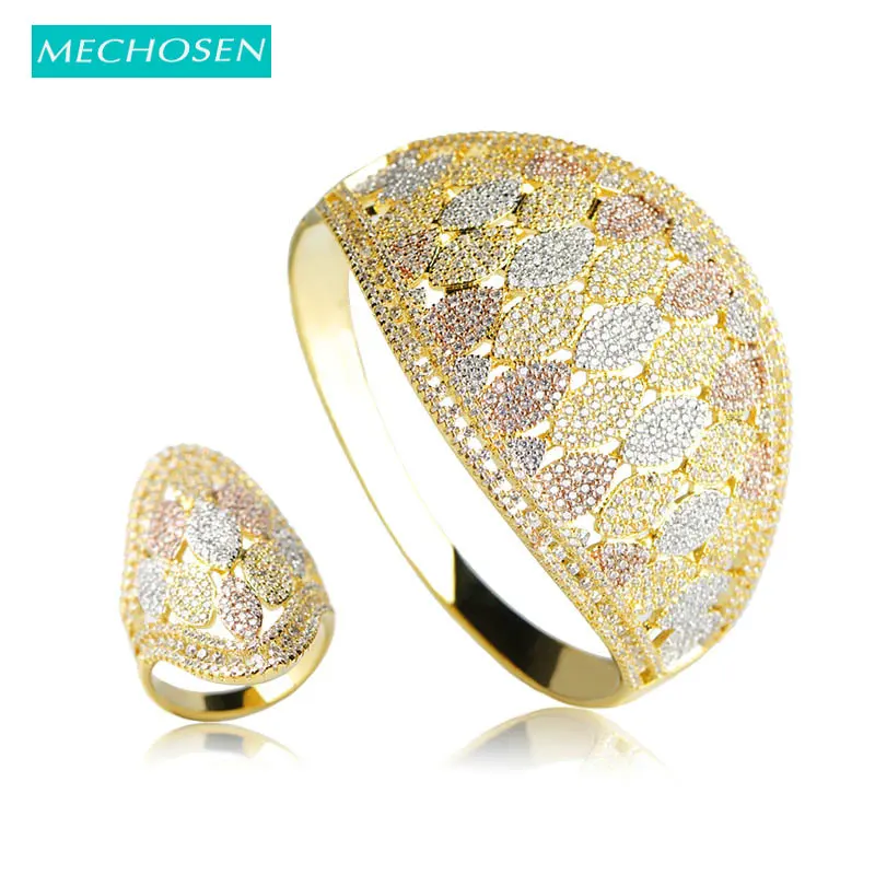 

MECHOSEN Luxury Copper Big Bangles Ring Women Hand Accessories Cubic Zirconia Full Crystal Bileklik Anillos Mujer Jewelry Sets