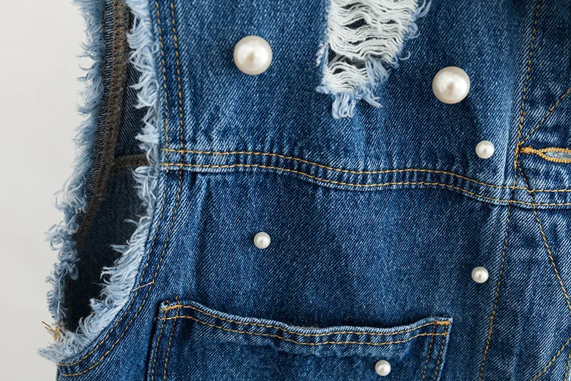 Sleeveless Jackets Embroidered Flares Women Coats Plus Size High Street Hole Denim Jacket Blue Outerwear KKFY3162