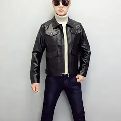 Горячее предложение Для мужчин тонкий Кожаные куртки в Корейском стиле Для мужчин с лацканами пальто мужской мотоцикл кожаная куртка