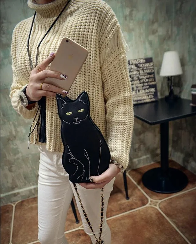 Сумка через плечо с котом, круговая женская сумка на цепочке, милая сумка с животными, бриллиантами, из искусственной кожи, черная сумка-мессенджер, японский и корейский стиль 563