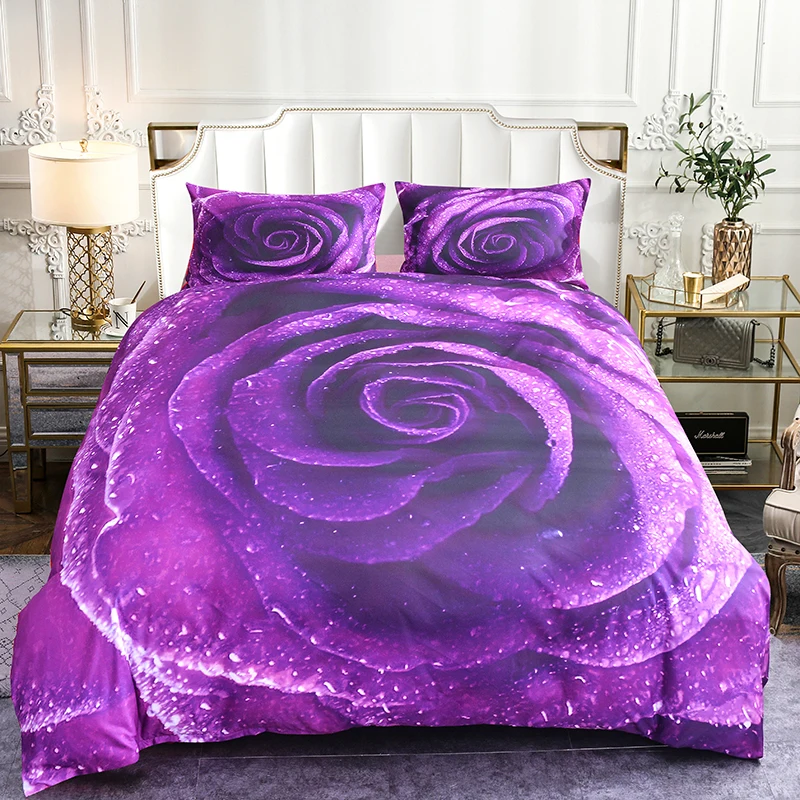 

New Rose 3D Flower Pattern Bedding Set Purple Duvet Cover Set Pillowcase Quilt Cover Single/Twin/Full/Queen/King/Double Size