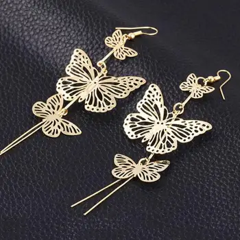 

New Fashion Gold Silver Alloy Double Bow Hollow Flower Jewelry Butterfly Earrings Long Tassel Earrings Brincos Compridos 2016