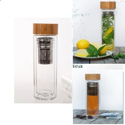 

450ml luxury crystal double wall glass water bottles, Glass bottle with Tea Infuser with bamboo lid