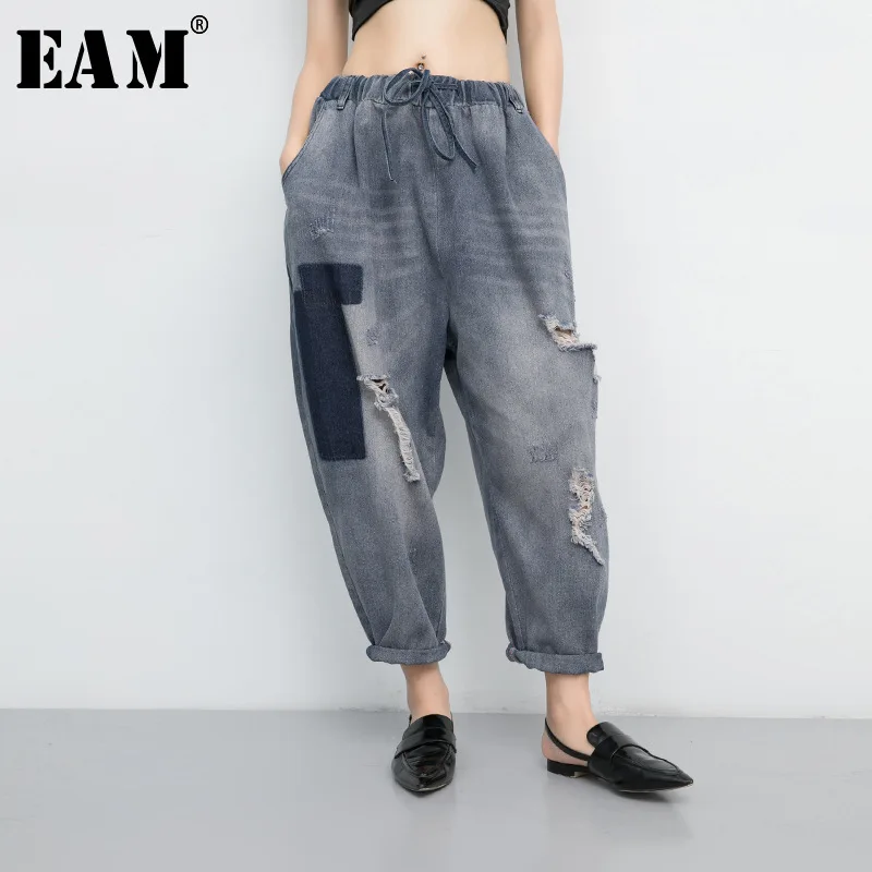 

[EAM] 2019 New Spring Summer High Waist Blue Denim Hit Color Hollow Out Loose Wide Leg Jeans Women Trousers Fashion Tide JT163