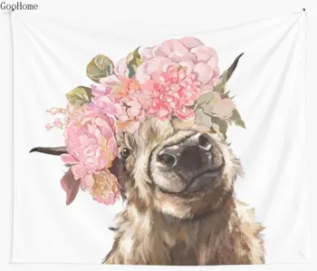 

Highland Cow with Flower Crown Wall Tapestry Beach Towel Polyester Blanket Yoga Shawl Mat
