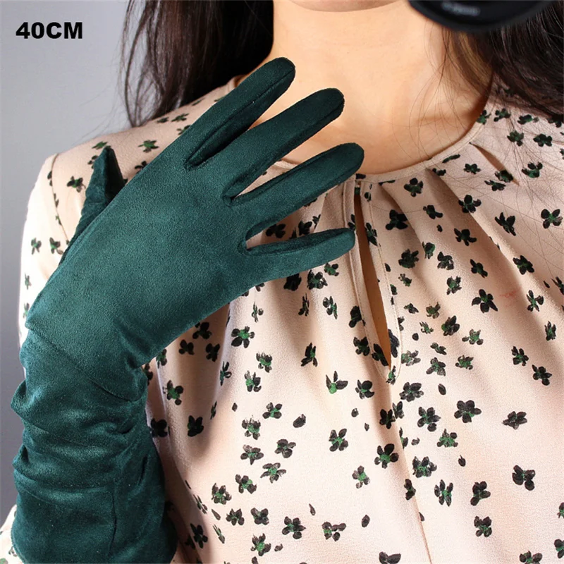 Модные замшевые перчатки 16 см короткая имитация кожи шлифовальная кожа замша матовая темно-зеленая Женская JPSL16
