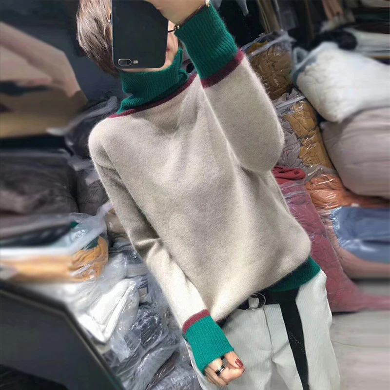 LHZSYY Autumn New Women's Cashmere Sweater Fashion High Collar Color matching Quality Pullover Winter Knit Short Female Sweater LHZSYY Autumn New Women's Cashmere Sweater Fashion High Collar Color matching Quality Pullover Winter Knit Short Female Sweater