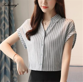 

Casual Summer Spring Fashion Irregular Length Elegant Loose Female Women Striped Blouse Shirt V Neck Button up Femme Bluas Tops