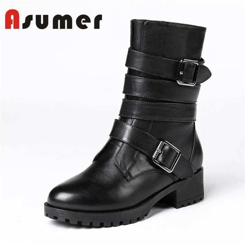 

ASUMER NEW ARRIVE 2018 fashion martin boots round toe solid adult ankle boots for women metal buckle daily genuine leather boots
