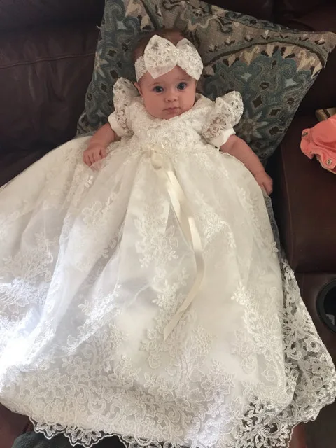 Винтажное платье на крестины для маленьких девочек с повязкой на голову, белое кружевное платье с жемчужинами для маленьких девочек, платья для крещения на день рождения, обувь на заказ