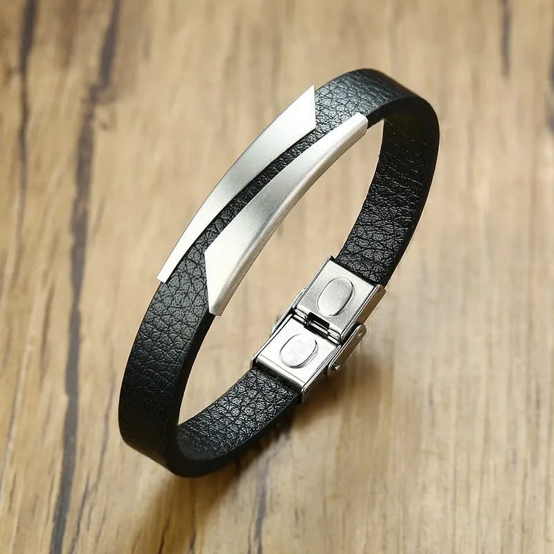Vnox, повседневные мужские черные кожаные браслеты, Геометрические линии, ID тег, наручные браслеты, masculina 20,5 см - Окраска металла: BL-516BS